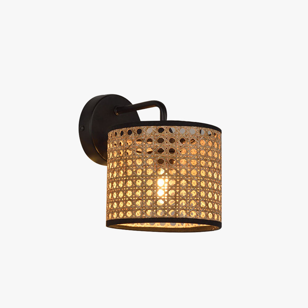 Rattan Shade And Metal Frame Rustic Cylindrical Wall Lamp