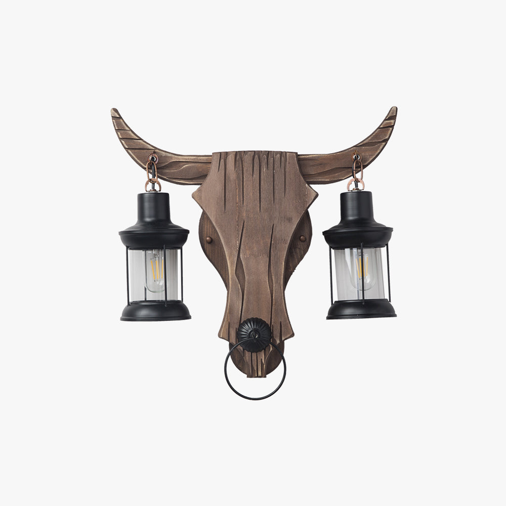Twin Heads Wooden And Metal Vintage Bull Wall Lamp