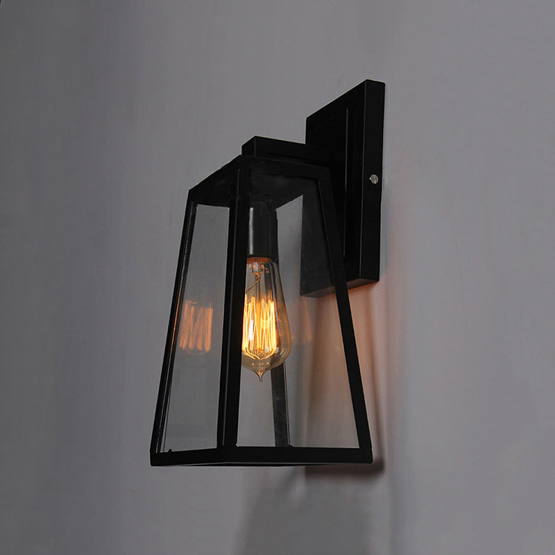 Black Retro Industrial Wall Lantern Featuring Glass Panels