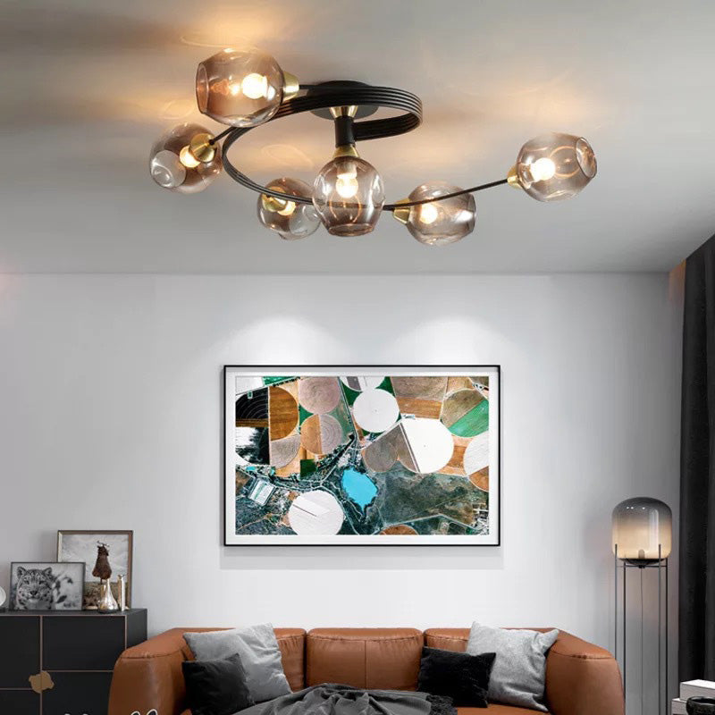 Black Gold Finish Dining Room Aurora Glass Flush Mount Ceiling Light