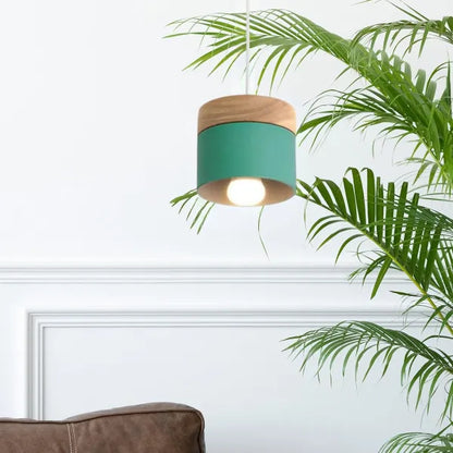 Metal And Wood Warm Glow Can Shape Pendant Light