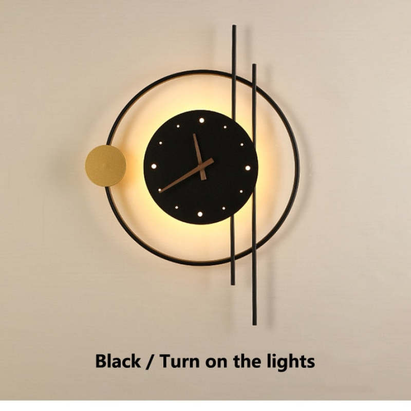 Black Finish Wall Clock Lamp With Warm Light Brass Accent
