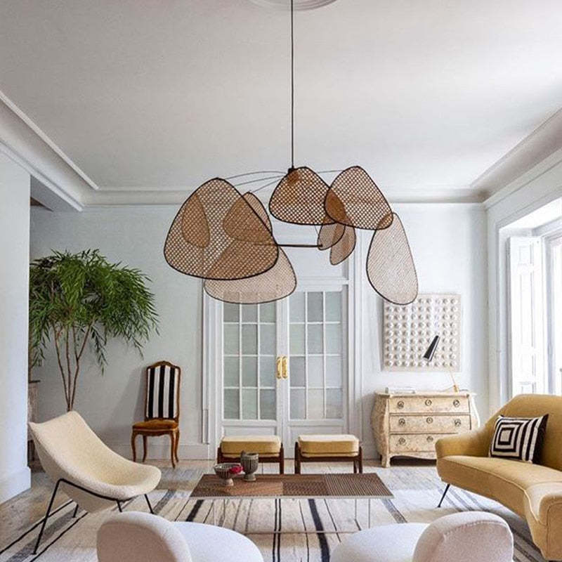 Rattan And Metal Pendant Light With Leaf Grid Design