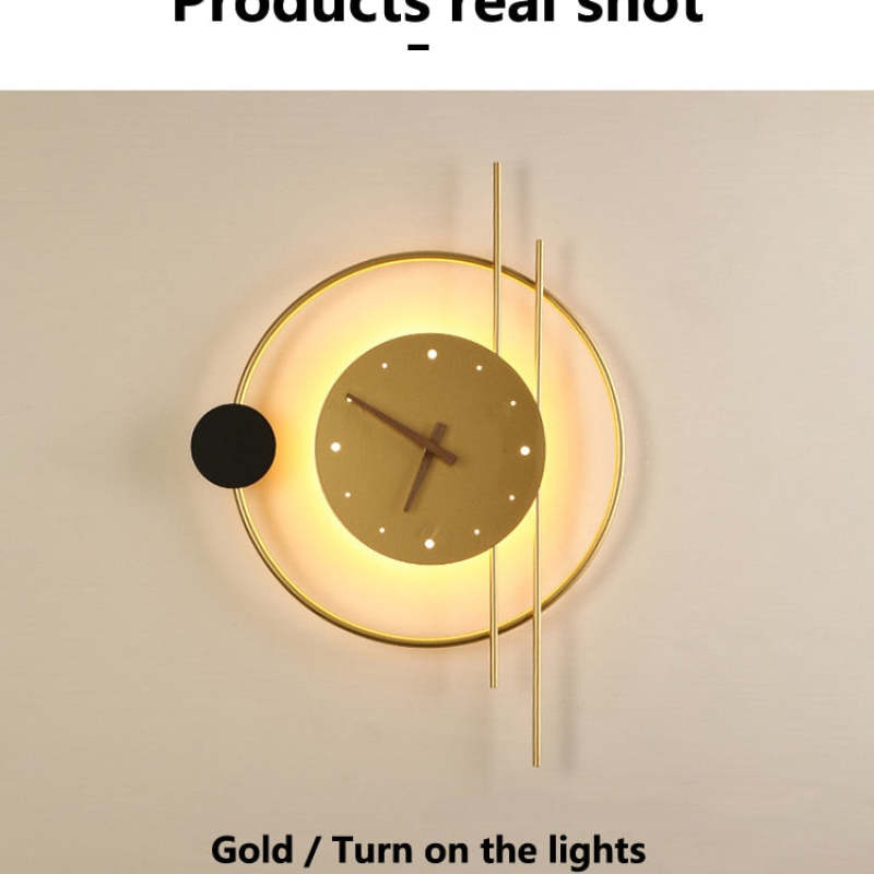 Black Finish Wall Clock Lamp With Warm Light Brass Accent