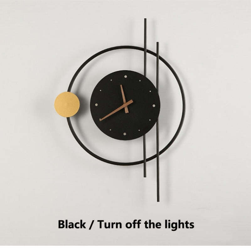 Black Finish Wall Clock Lamp With Warm Light Brass Accent