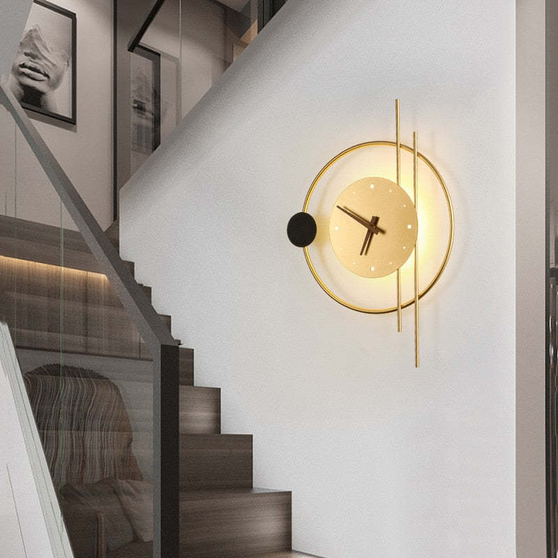 Black Finish Wall Clock Lamp With Warm Light Brass Accent