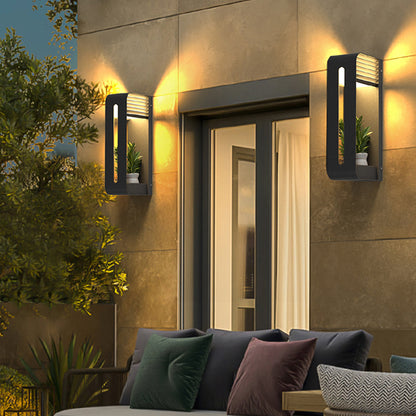 Black Outdoor Metal Rectangular Solar Wall Light With Plant Pot Holder