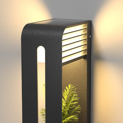 Black Outdoor Metal Rectangular Solar Wall Light With Plant Pot Holder