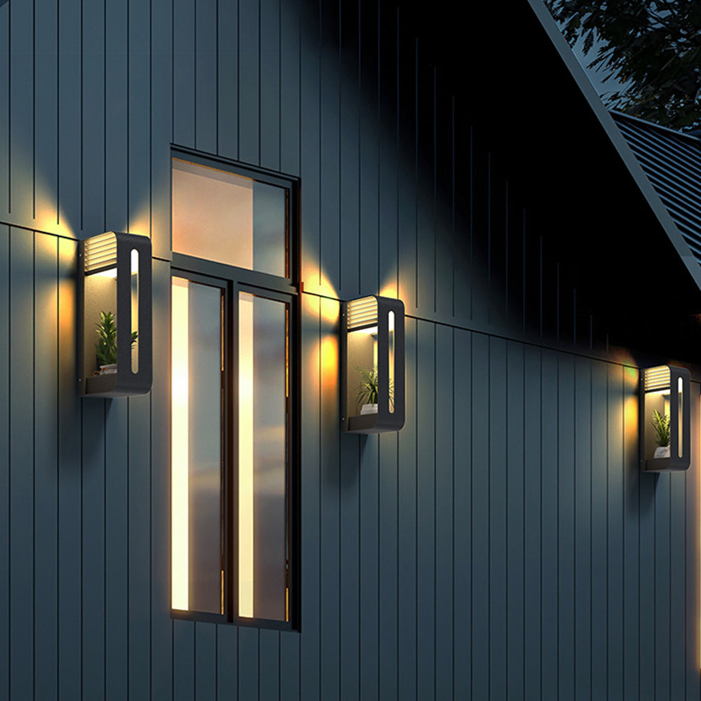 Black Outdoor Metal Rectangular Solar Wall Light With Plant Pot Holder
