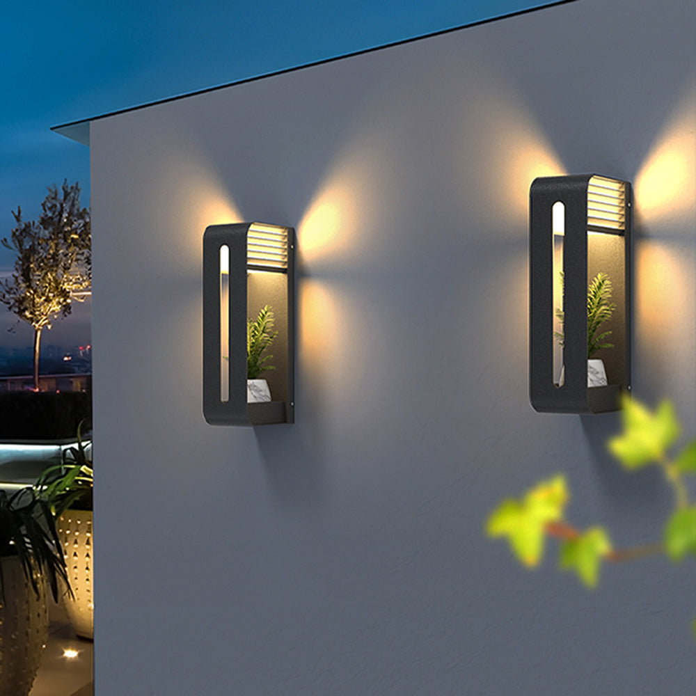 Black Outdoor Metal Rectangular Solar Wall Light With Plant Pot Holder