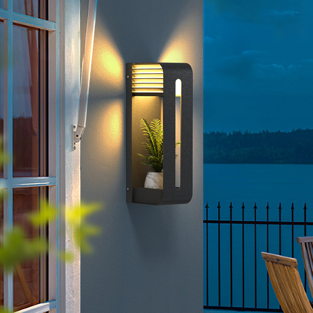 Black Outdoor Metal Rectangular Solar Wall Light With Plant Pot Holder