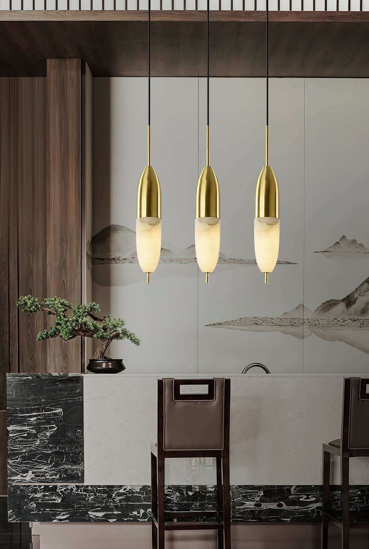 Alabaster Shade And Integrated Led Brass Pendant Light