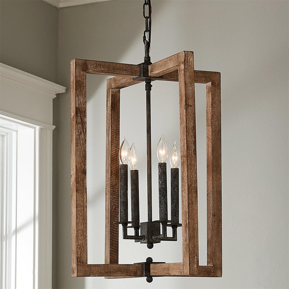 Pendant Lamp With Four Heads Vintage Metal Wood Lantern