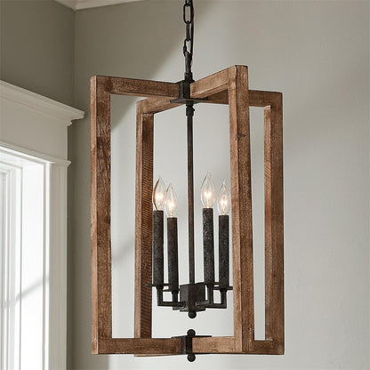 Pendant Lamp With Four Heads Vintage Metal Wood Lantern