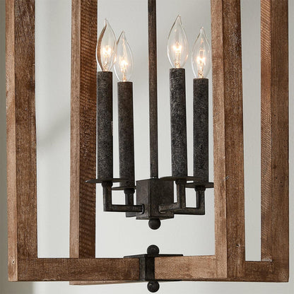 Pendant Lamp With Four Heads Vintage Metal Wood Lantern