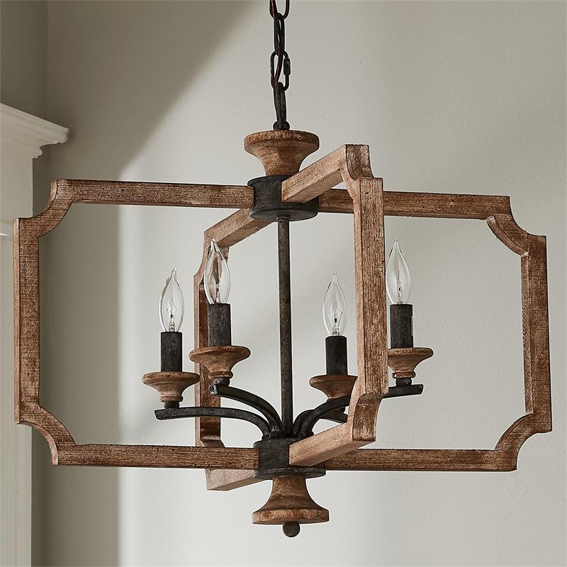 Pendant Lamp With Four Heads Vintage Metal Wood Lantern