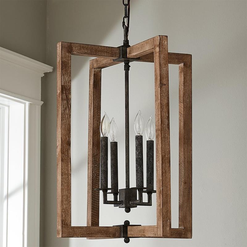 Pendant Lamp With Four Heads Vintage Metal Wood Lantern