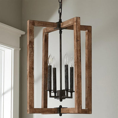 Pendant Lamp With Four Heads Vintage Metal Wood Lantern