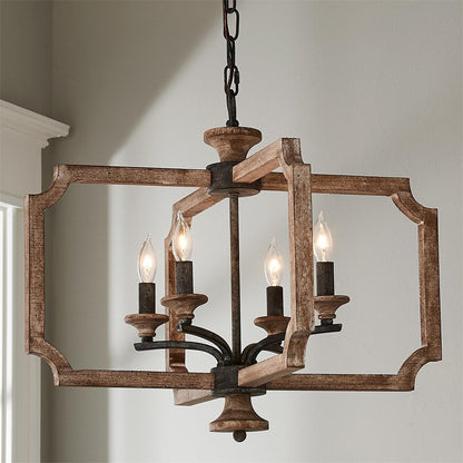 Pendant Lamp With Four Heads Vintage Metal Wood Lantern