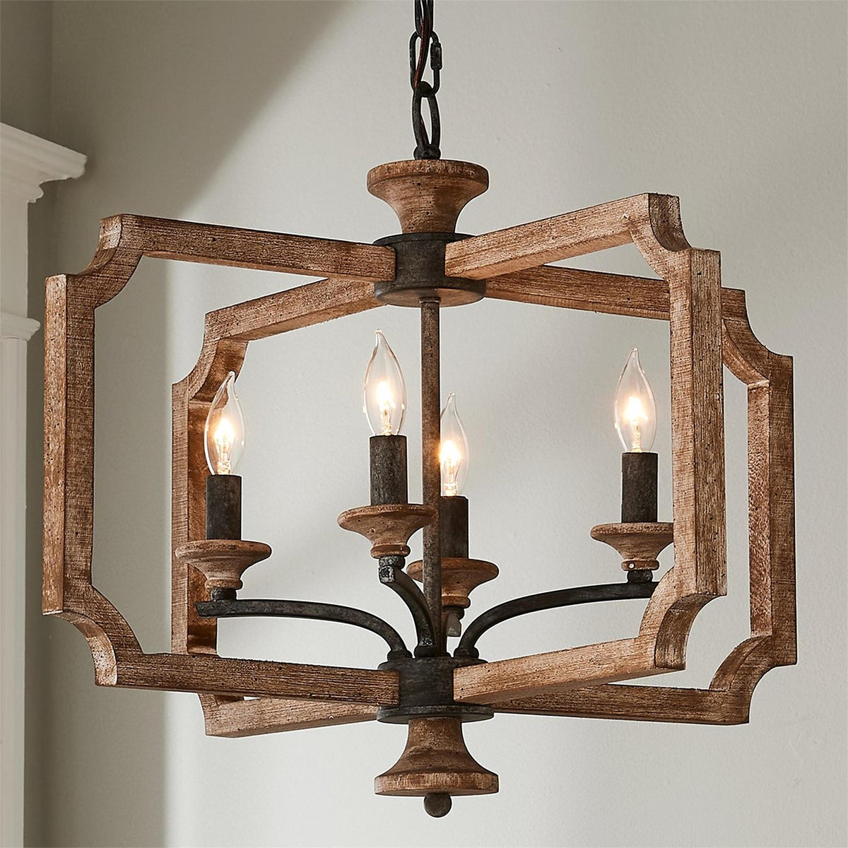 Pendant Lamp With Four Heads Vintage Metal Wood Lantern