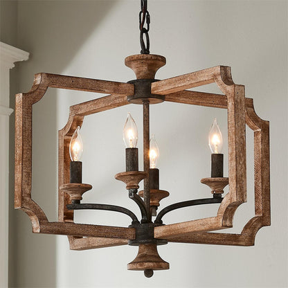 Pendant Lamp With Four Heads Vintage Metal Wood Lantern