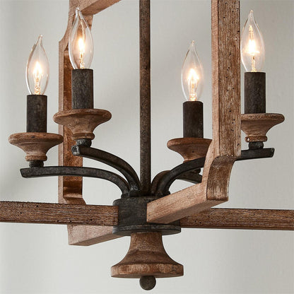 Pendant Lamp With Four Heads Vintage Metal Wood Lantern