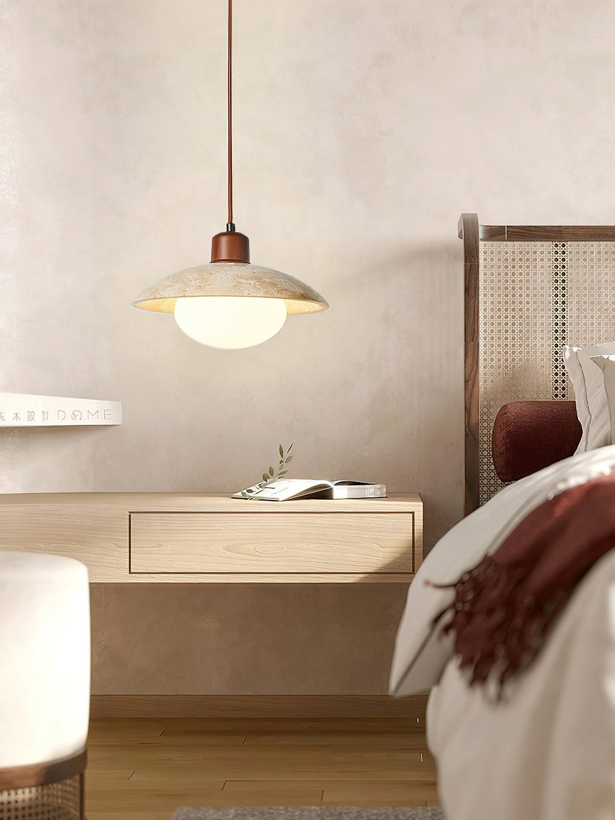 Warm Ambient Glow Travertine Dome Pendant Light