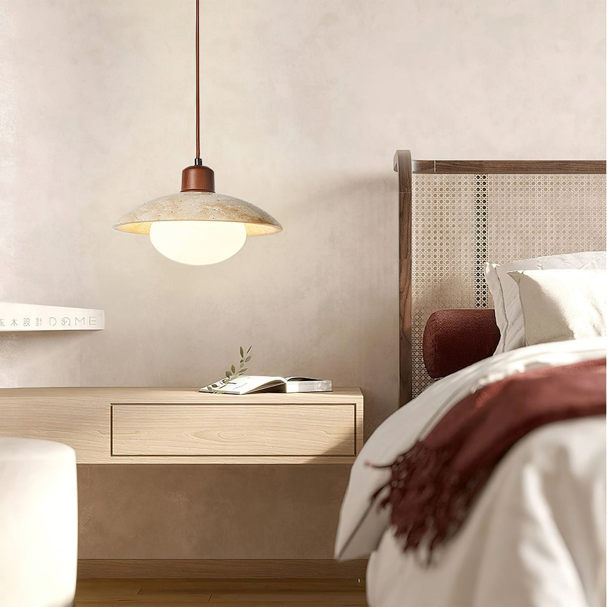 Warm Ambient Glow Travertine Dome Pendant Light