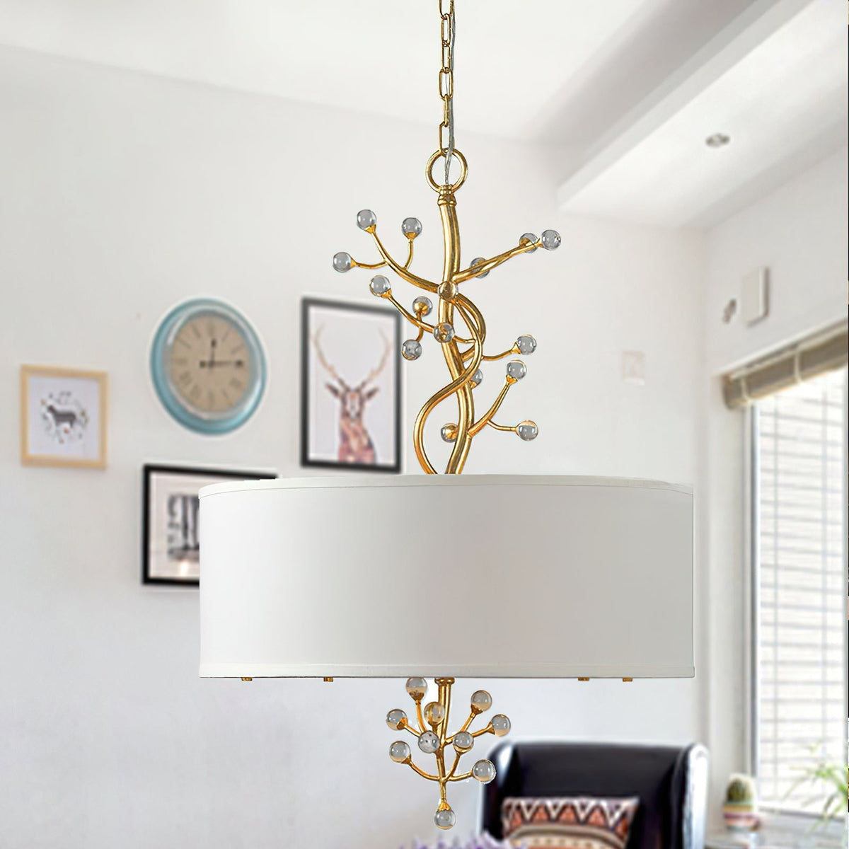 Four Heads Soft Glow Brass Crystal Fabric Pendant Lamp
