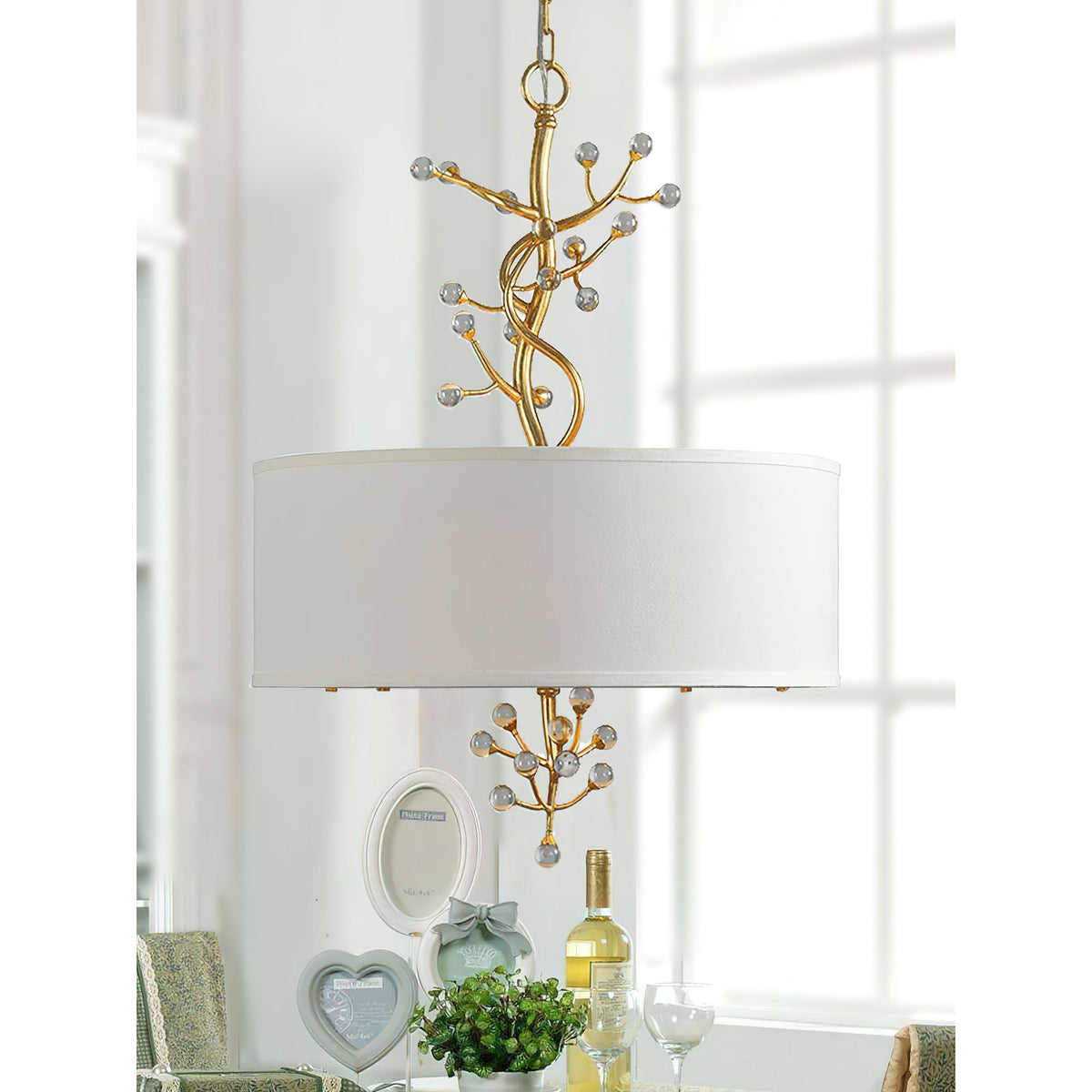 Four Heads Soft Glow Brass Crystal Fabric Pendant Lamp