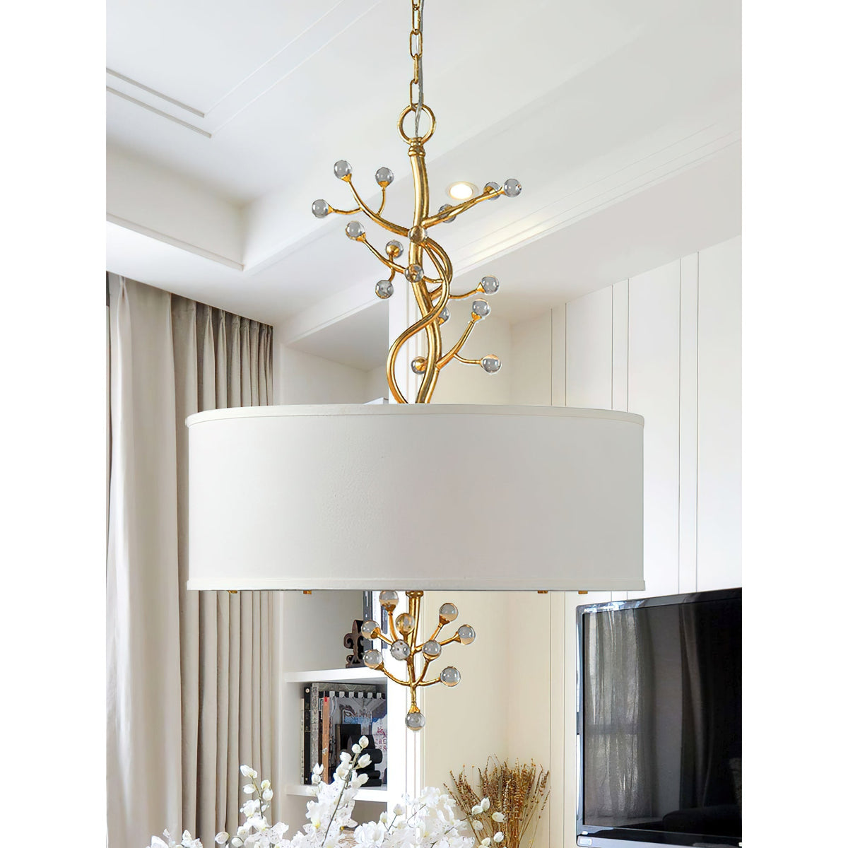 Four Heads Soft Glow Brass Crystal Fabric Pendant Lamp