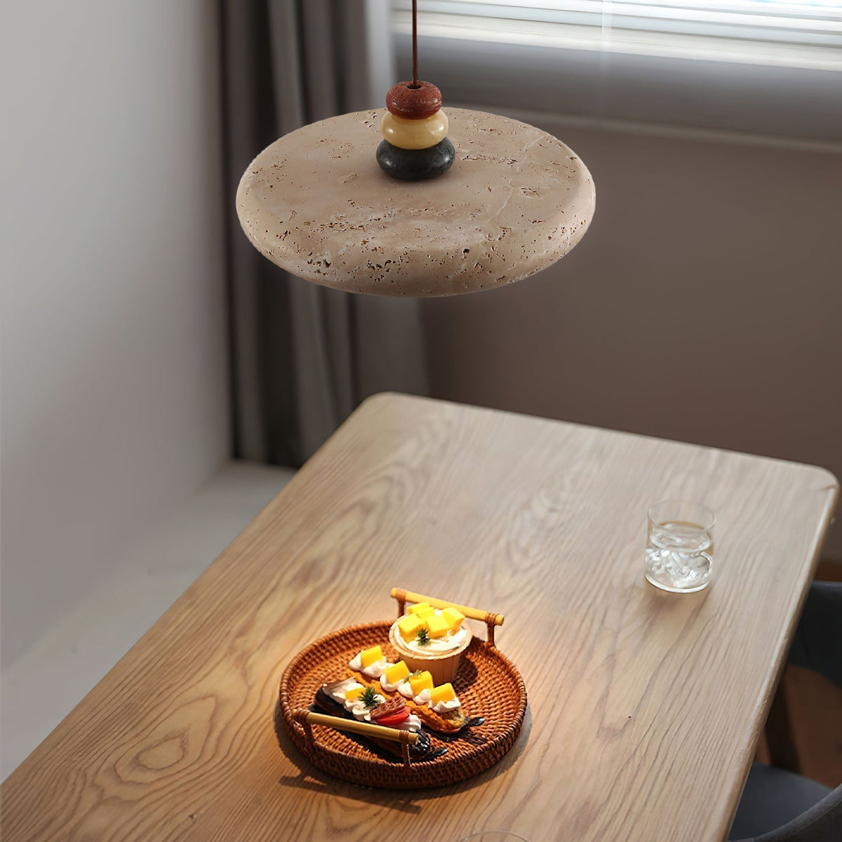 Pendant Lamp With Warm Glow In Yellow Travertine Marble