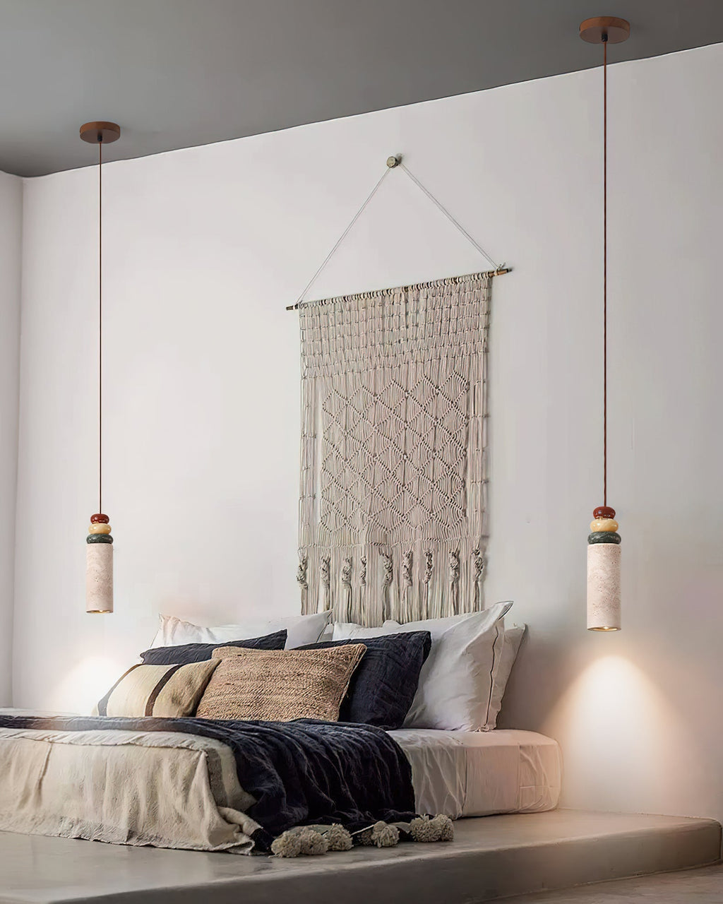 Pendant Lamp With Warm Glow In Yellow Travertine Marble