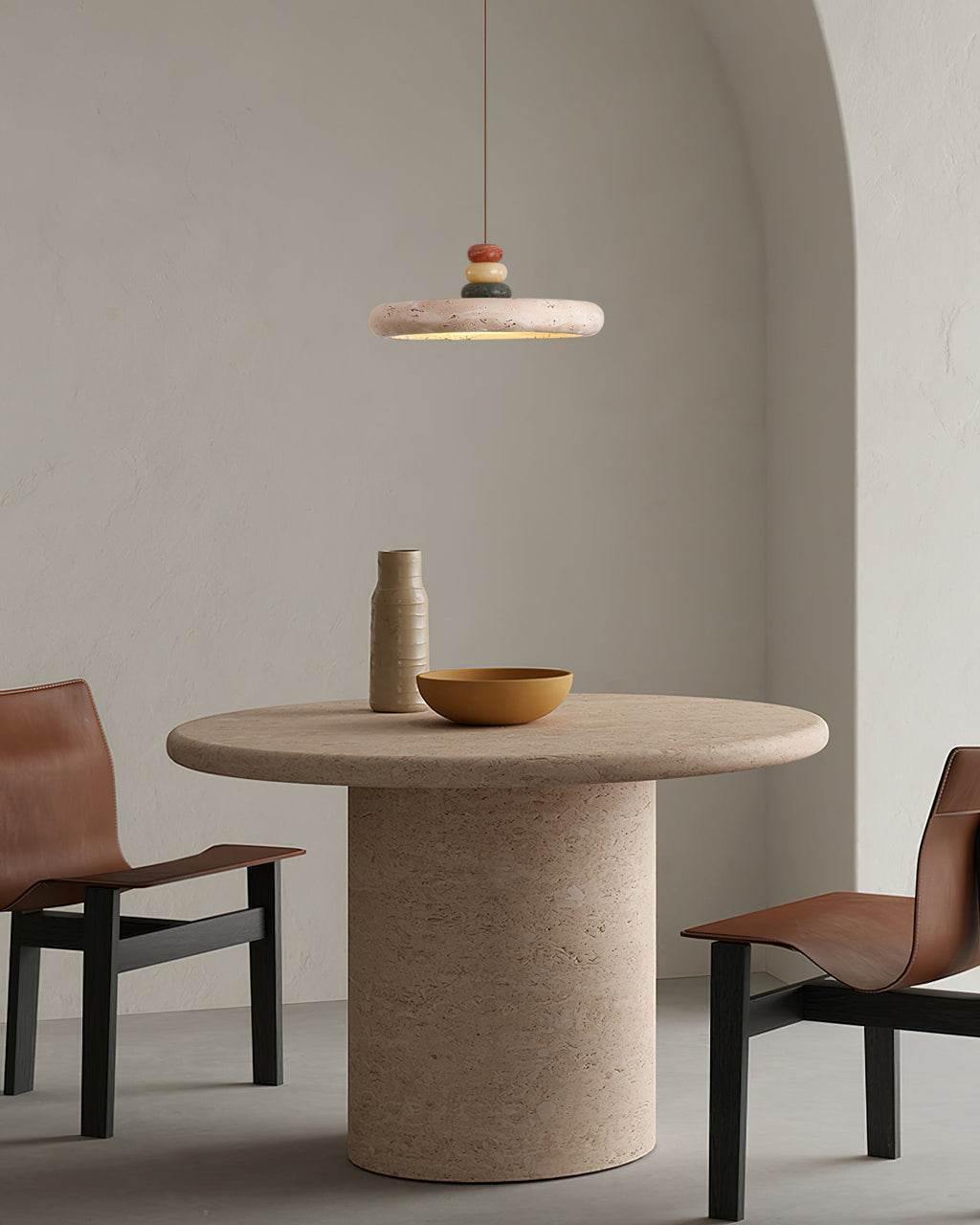 Pendant Lamp With Warm Glow In Yellow Travertine Marble