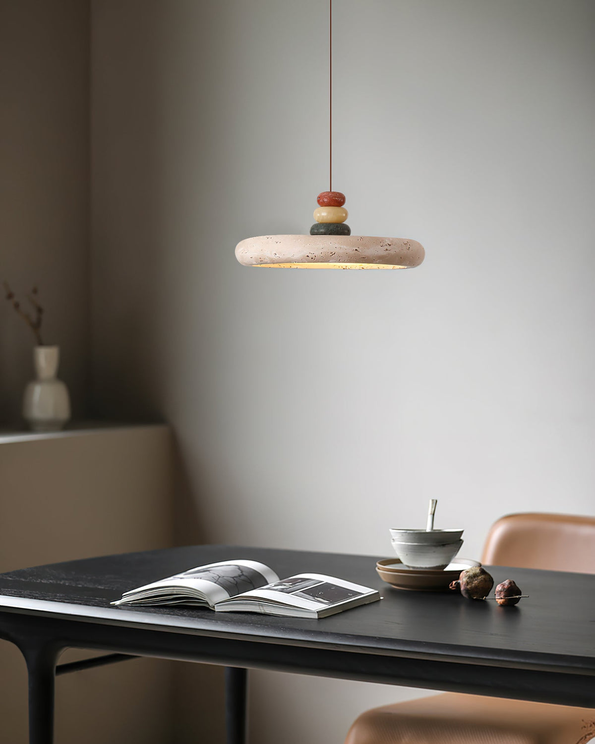 Pendant Lamp With Warm Glow In Yellow Travertine Marble