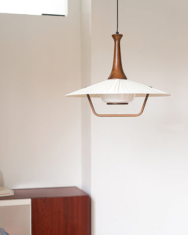 Pendant Lamp With Fabric Shade in Mid-Century Wood and White