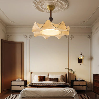 Wood And Metal Base Ceiling Light With Floral Etched Fabric