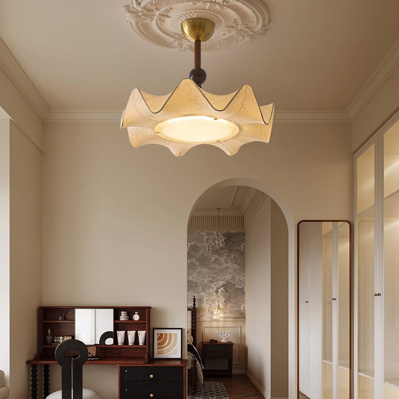 Wood And Metal Base Ceiling Light With Floral Etched Fabric