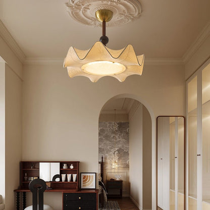 Wood And Metal Base Ceiling Light With Floral Etched Fabric
