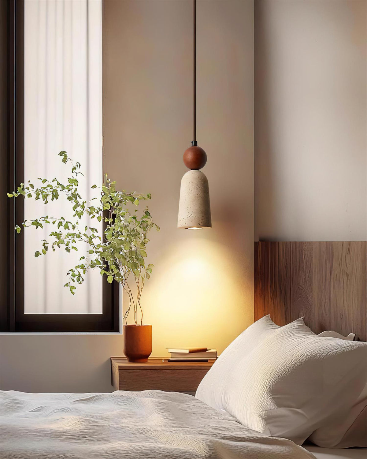 Warm Glow Pendant Light With Travertine And Walnut