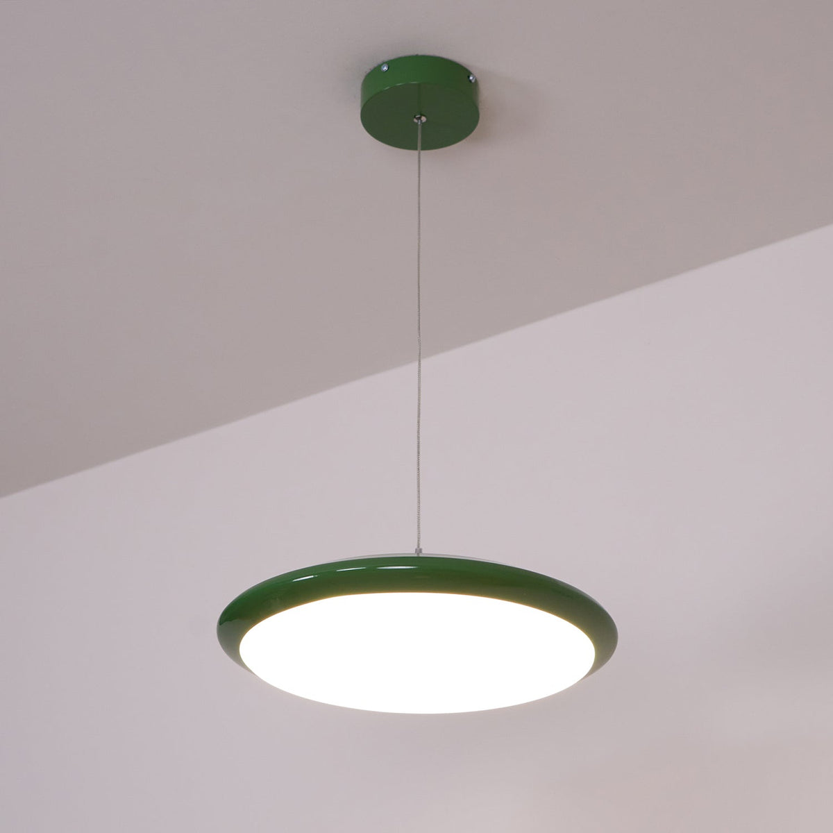 White Disc Shade Pendant Lamp With Integrated Led Green Trim