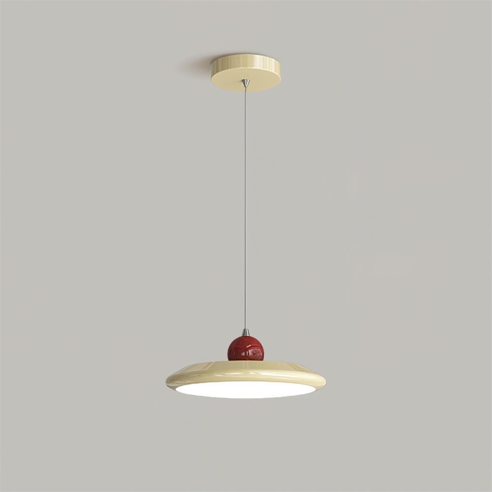 White Disc Shade Pendant Lamp With Integrated Led Green Trim