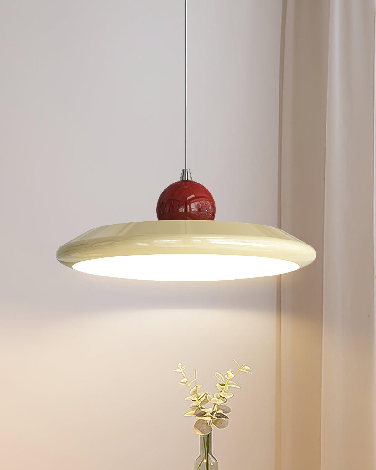 White Disc Shade Pendant Lamp With Integrated Led Green Trim