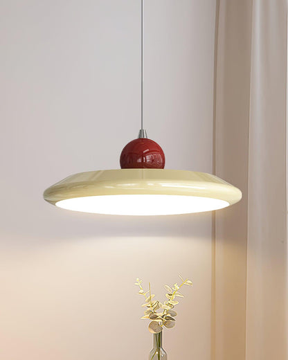 White Disc Shade Pendant Lamp With Integrated Led Green Trim