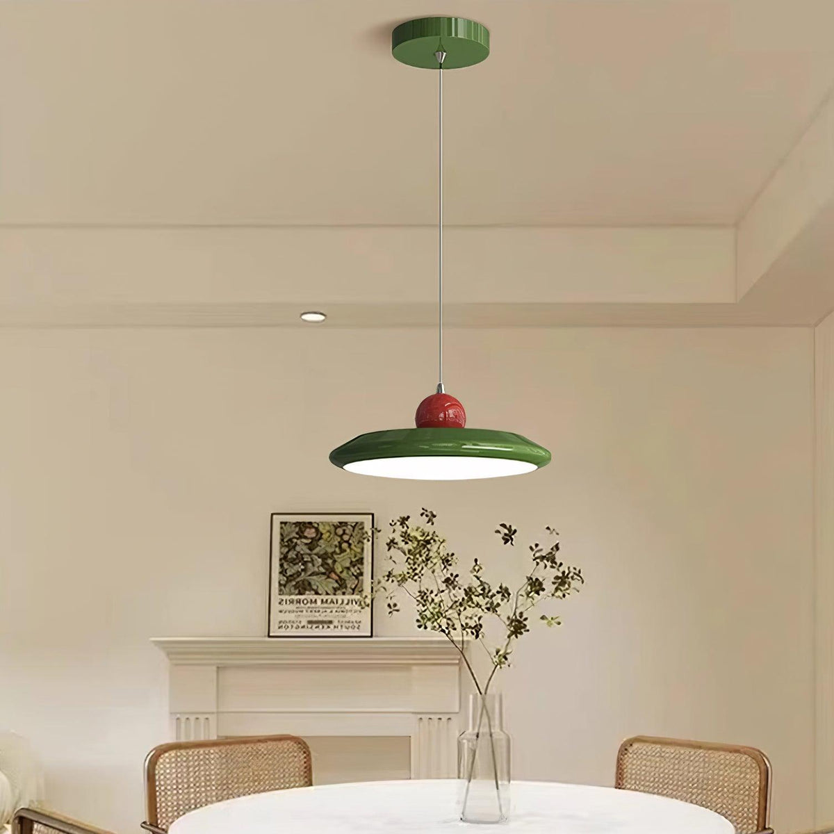 White Disc Shade Pendant Lamp With Integrated Led Green Trim