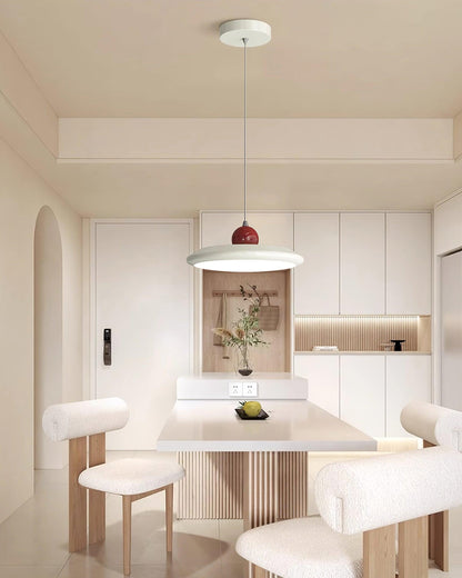 White Disc Shade Pendant Lamp With Integrated Led Green Trim