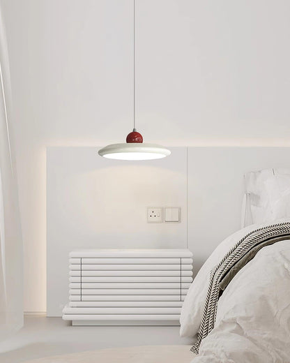 White Disc Shade Pendant Lamp With Integrated Led Green Trim