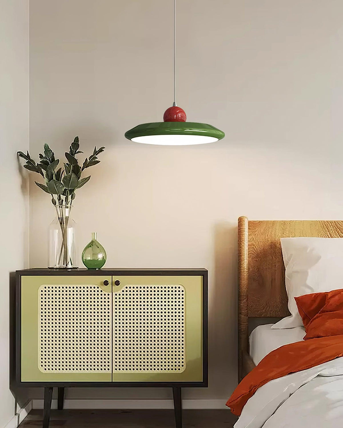 White Disc Shade Pendant Lamp With Integrated Led Green Trim
