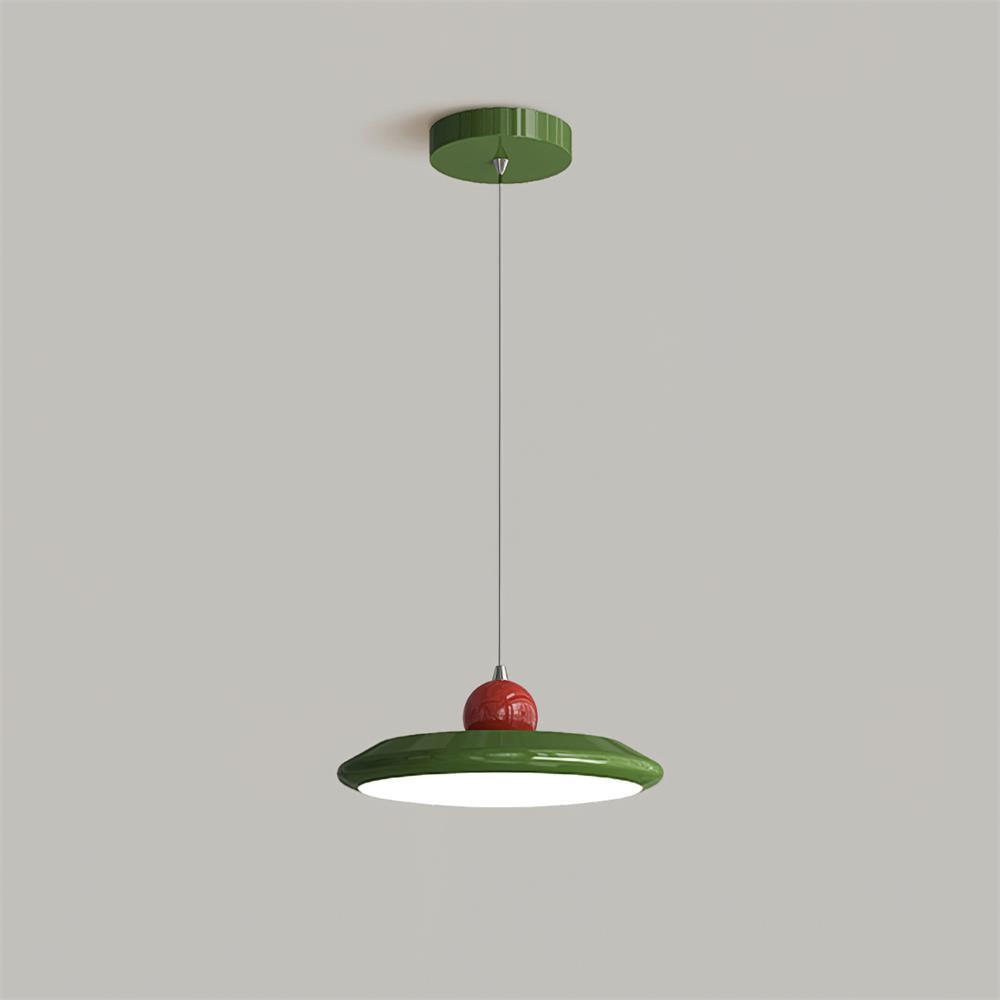 White Disc Shade Pendant Lamp With Integrated Led Green Trim