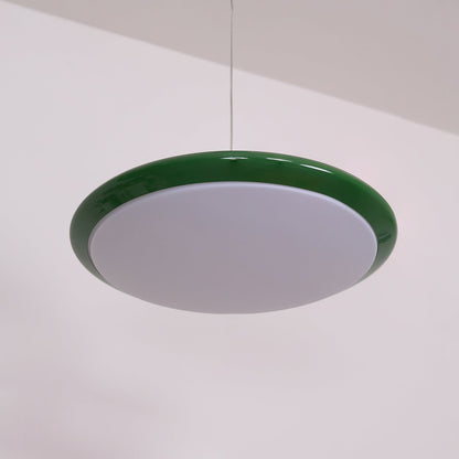 White Disc Shade Pendant Lamp With Integrated Led Green Trim